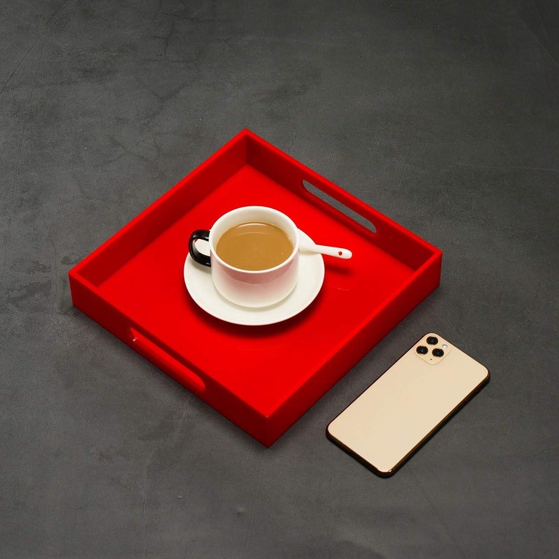 KEVLANG Sturdy Red Acrylic Serving Tray with Handles - 10x10Inch, Coffee/Appetizer/Butler Tray - Kitchen Countertop & Vanity Table Organizer - Image 1